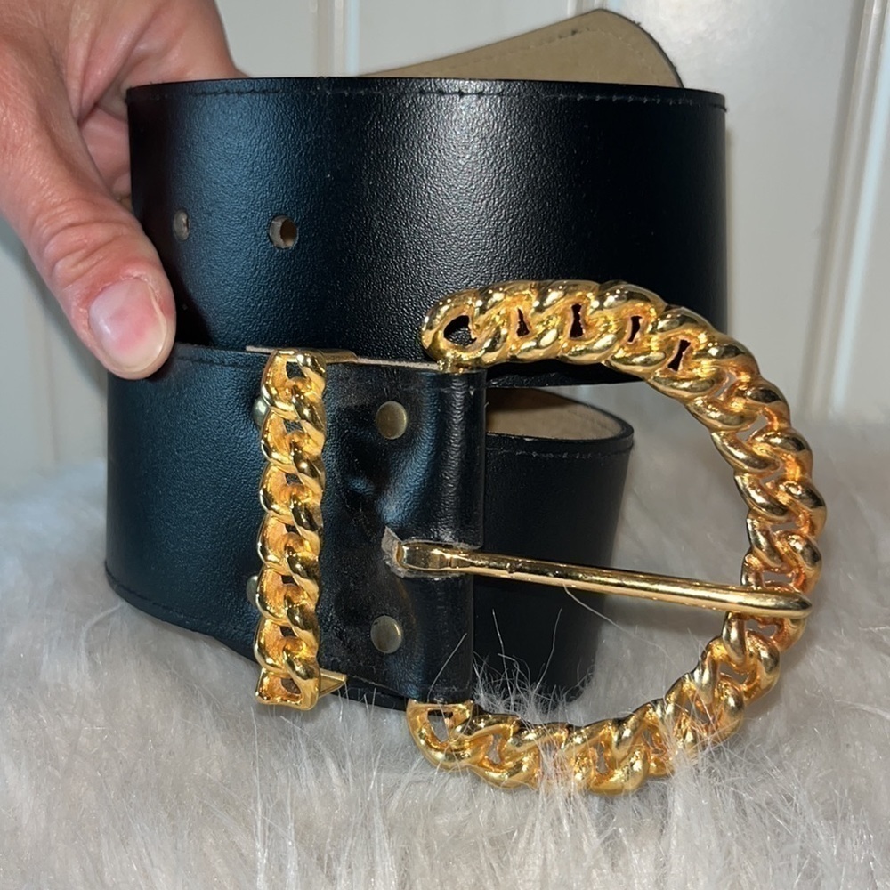 Vintage Kandell Marcus black belt with braided gold tone statement buckle Medium
